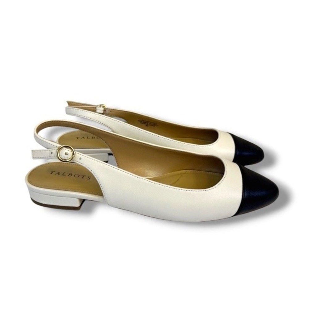 Talbots Edison White Black Cap Toe Slingback Leather Flats Women's Sz 9M Summer